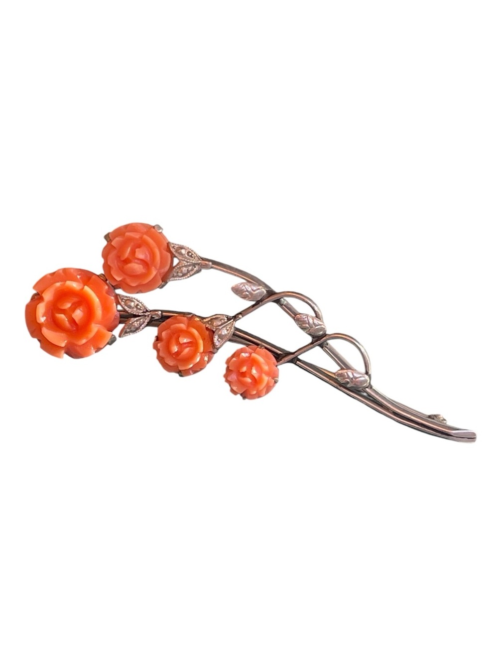 Antique Art Nouveau Carved Celluloid Marcasite Floral Spray Brooch